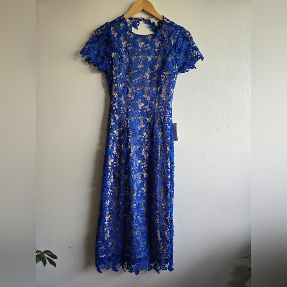 NWT! NSR,  Mia Lace Short Sleeve Open Back Midi Dress, Blue/Nude, Size S - Picture 3 of 11